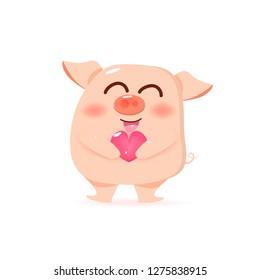 Pig with heart, giving love, happy Valentines day and Chinese New Year, cute cartoon character collection vector illustration