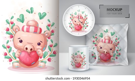 Pig with heart poster and merchandising. Vector eps 10