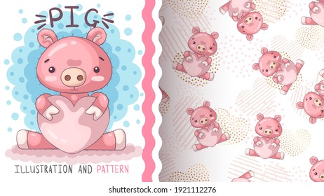 Pig with heart - seamless pattern