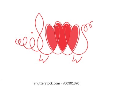 Pig with heart for Valentine's day card. Linear stylized drawing of pig swine - for icon or sign template. Love from pig. linear image of a pig with three hearts on white background.