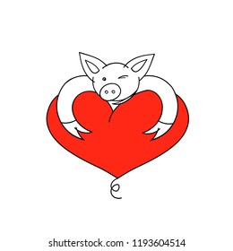 Pig with heart. Vector Illustration. Cartoon funny pig. Pig with heart for Valentine's day card.
