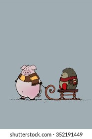Pig and hedgehog with scarfs.Sweet looking cartoon characters.Isolated vector illustration