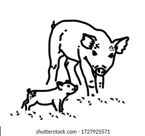 A pig and her cub on a white background. Linear silhouette. Vector illustration.