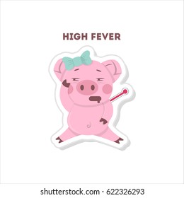 Pig with high fever. Isolated cute sticker on white background.