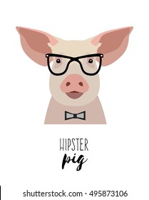 Pig hipster, glasses, smoking a pipe. On isolated background. Vector. Face pig. Head. Design element. Flat Style. Cartoon style.