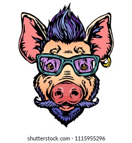 Pig hipster with hairs, glasses, moustaches and beard portrait concept illustration design for print, poster and shirt