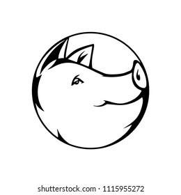 Pig, hog smiling head in circle icon design for logo black and white