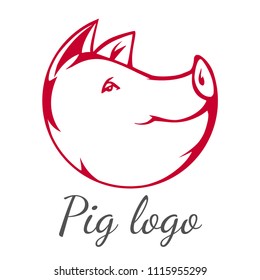 Pig, hog smiling head line art in circle icon design for logo isolated on white background