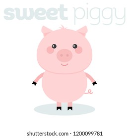 Pig. Hog swine sow animal. Sweet piggy. Cute cartoon funny baby character. Chinese symbol of 2019 new year. Zodiac sign. Flat design. Greeting card. Isolated vector illustration.