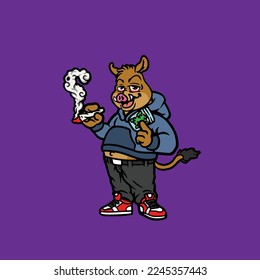 pig hog vector character animal cartoon mascot smoking blunt and joint from weed flower nug cannabis marijuana