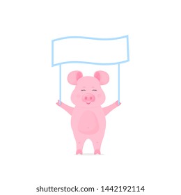 Pig hold a blank sign, clean poster, empty poster, banner. Funny piggy.