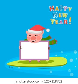 Pig hold the board with copy space,empty blank,banner in green hat and sckarf  on a sea background.Cute farm animal pig cartoon character Symbol Christmas and New Year in 2019