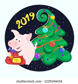 The pig is holding a bag of gifts. Funny character with candy. Happy new year. 2019. Symbol of the year in the Eastern calendar. Balls and garland on the tree. Vector illustration.