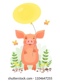 Pig holding balloon. Cute animal. Good mood vector illustration