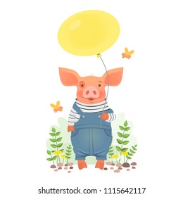 Pig holding balloon. Cute animal. Good mood vector illustration