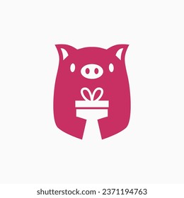 pig is holding birthday gift Logo Cartoon Mascot character vector icon illustration