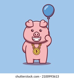 Pig holding blue balloon cartoon illustration. Flat cartoon style. Vector animal concept isolated on a blue background.