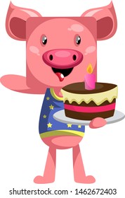Pig holding cake, illustration, vector on white background.