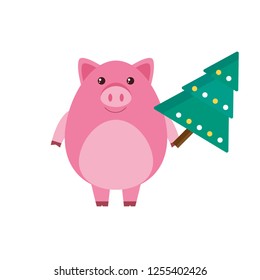 Pig holding a Christmas tree. Flat design