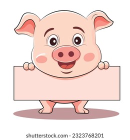 pig is holding a empty sign, piglet cartoon isolated on white background, vector illustration