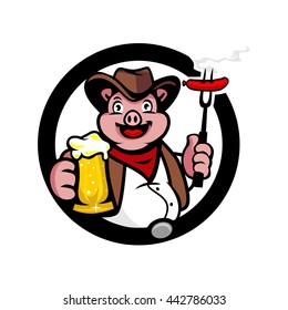 Pig Holding Fork and Beer