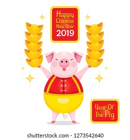 Pig Holding Gold In Hands, Happy Chinese New Year 2019, Year Of The Pig, Traditional, Celebration, China, Culture