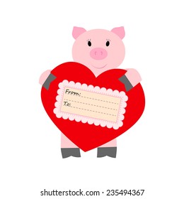 Pig holding a heart on a white background