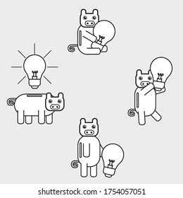 a pig holding a light buld happily