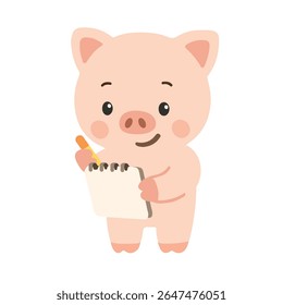 Porcino que sostiene el cuaderno y el lápiz