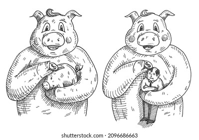 Pig holding piggy bank with money. Vintage vector black hatching illustration isolated on white background. Hand drawn design element for t-shirt