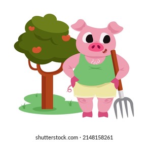 Pig holding pitchfork. Anthropomorphic farm animal.