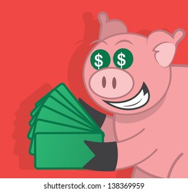 Pig holding stacks of money 