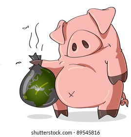 Pig holding the world in a stinking garbage bag