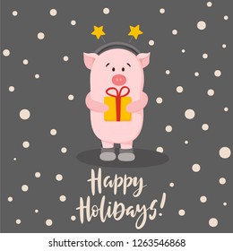 the pig holds a gift. New Year greeting card, vector illustration