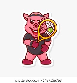 Pig holds racket to block in a tennisball, cute cartoon character of animal doing sport.