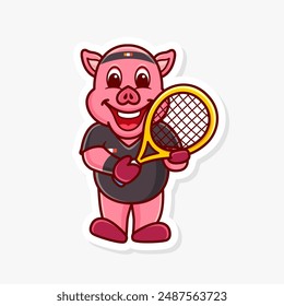 Pig holds racket tennis with two hands, cute cartoon character of animal doing sport.