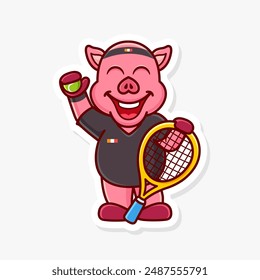Pig holds tennisball and racket , cute cartoon character of animal doing sport.