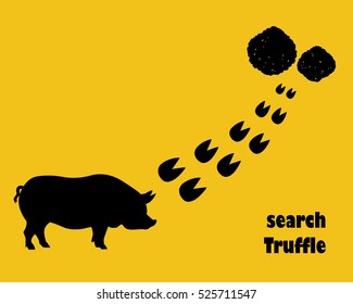 Pig with hoofprints. Search truffle. Flat style.