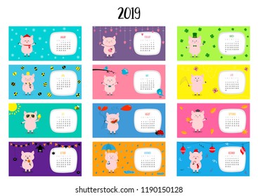 Pig horizontal monthly calendar 2019. Cute funny cartoon character set. All month. Happy Valentines Christmas St Patrick day Easter Egg Bird Chicken Umbrella, rain. Santa hat, sun Flat design Vector