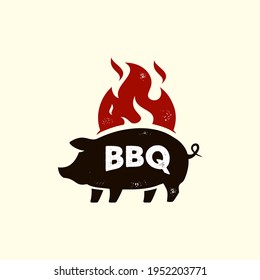 pig hot barbeque logo , pork on red fire flame mascot rustic Vintage logo icon template suitable for bbq grill restaurant and cafe food business