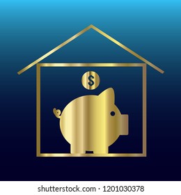 Pig and house vector gold On a blue background, Vector, Illustration, EPS10 Concept of saving money for home purchases.