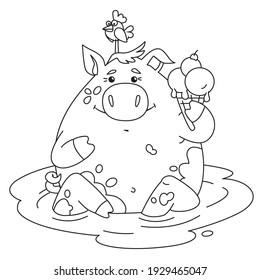 Pig with ice cream and bird on head sitting in puddle vector children colour page