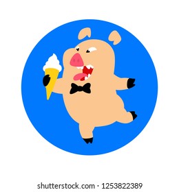 Pig with ice cream and bow tie. Vector. Logo, symbol for the company. Emblem for fast food and food. Running Boar. Meat animal. Bacon. Funny cartoon face. Mascot Flat style.