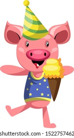 Pig with ice cream,, illustration, vector on white background.