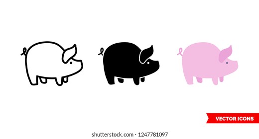 Pig icon of 3 types: color, black and white, outline. Isolated vector sign symbol.