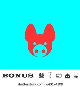 Pig icon flat. Red pictogram on blue background. Vector illustration symbol and bonus buttons Music center, corkscrew, credit card, house, drum