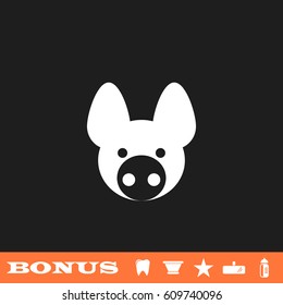 Pig icon flat. White pictogram on black background. Vector illustration symbol and bonus button tooth, vase, star, mirror, bottle