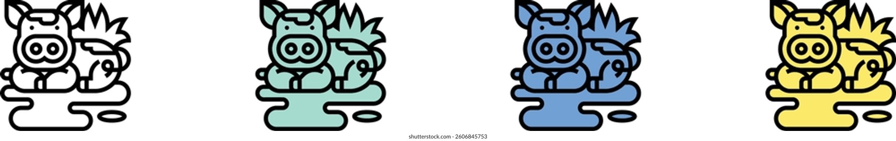 pig icon. Outline, Green, Blue and Yellow Style Design Isolated On White Background