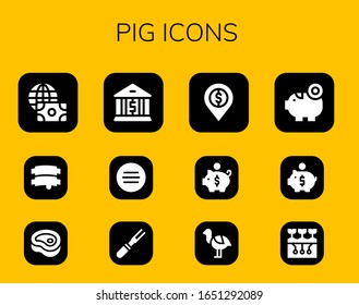 pig icon set. 12 filled pig icons. Included Economy, Ribs, Meat, Bank, Piggy bank, Ostrich, Farming icons