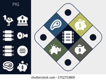 pig icon set. 13 filled pig icons. Included Ribs, Meat, Piggy bank, Ostrich, Bank, Money box icons